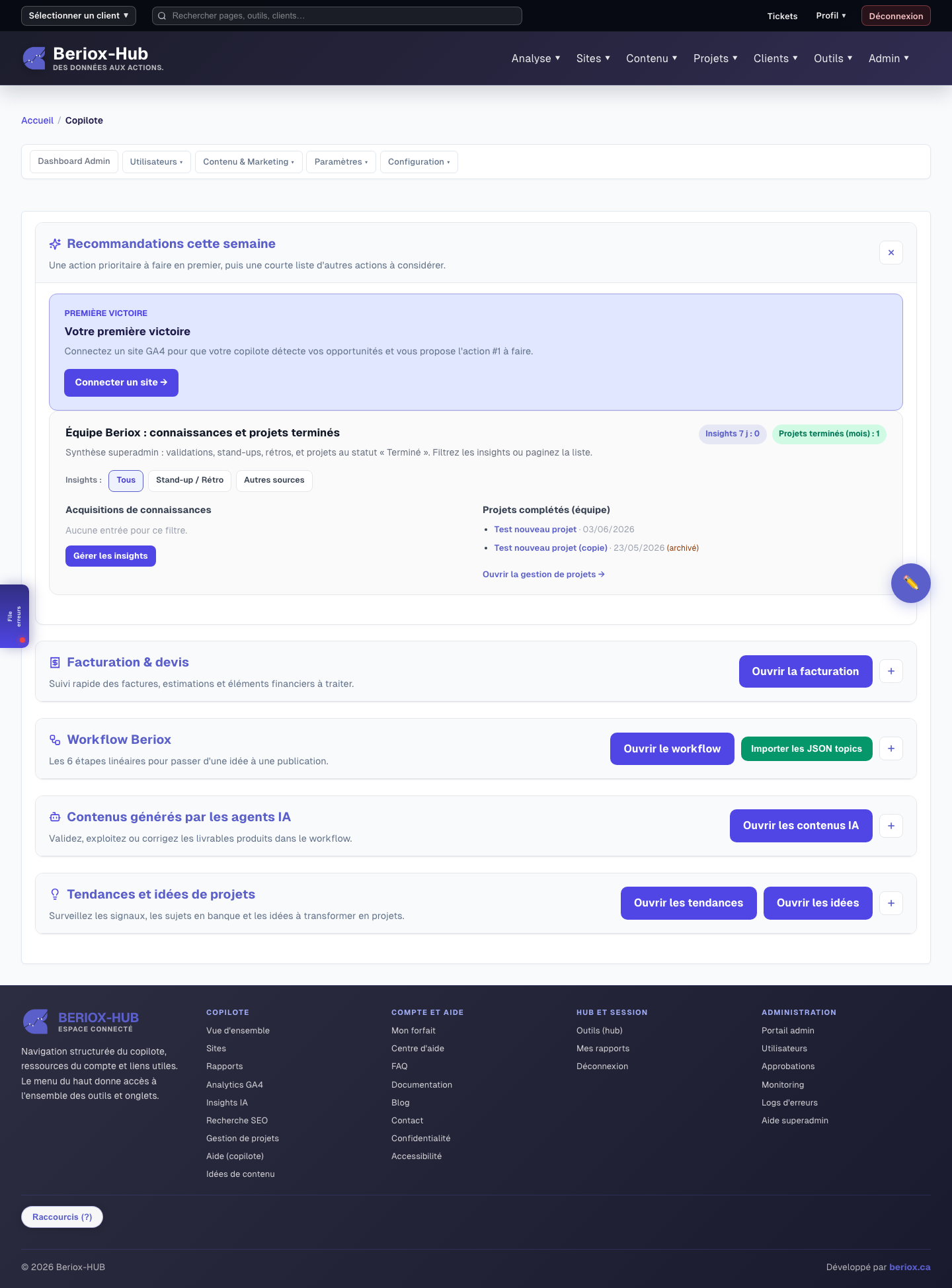 Tableau de bord Beriox-HUB