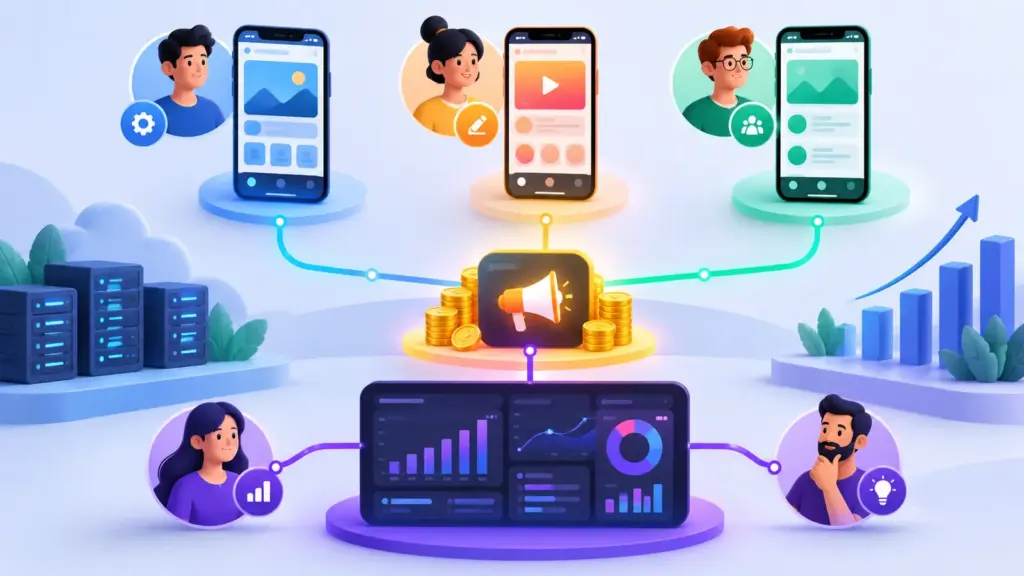 Schéma analytique abstrait reliant applications mobiles, AdMob et GA4 avec propriétaires identifiés