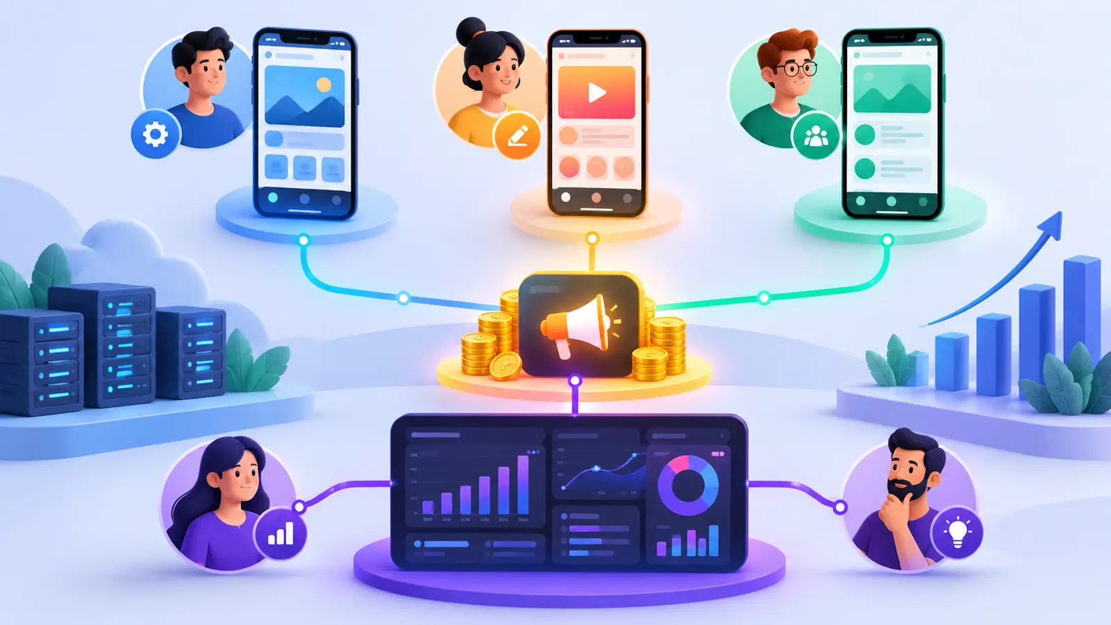 Schéma analytique abstrait reliant applications mobiles, AdMob et GA4 avec propriétaires identifiés