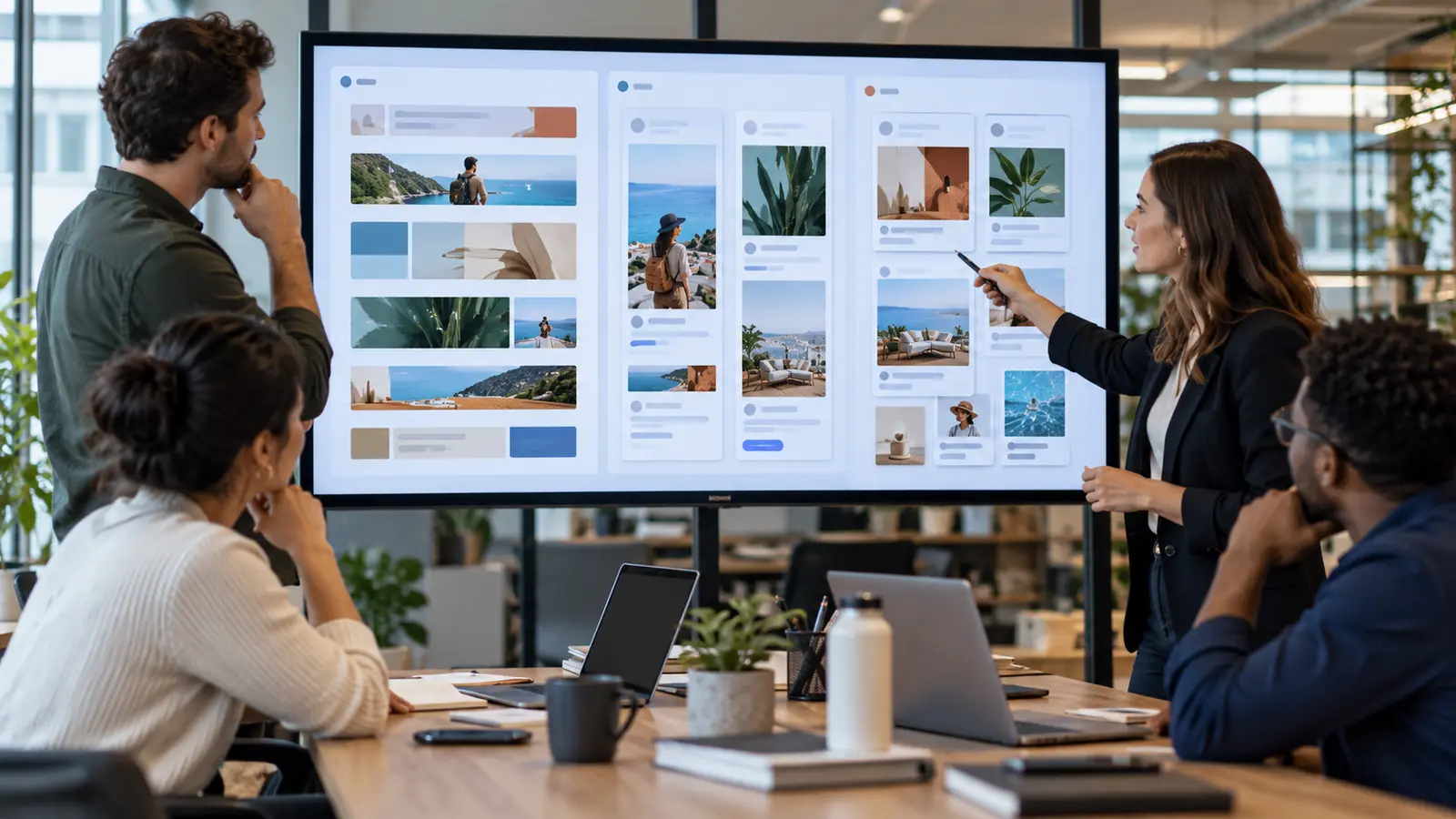 Équipe marketing comparant des actifs Display et Demand Gen dans une interface éditoriale abstraite