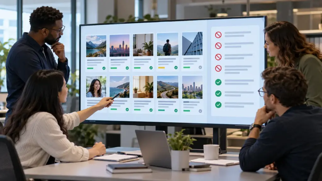 Tableau publicitaire abstrait comparant dix aperçus de titres avec directives de ton et mots exclus