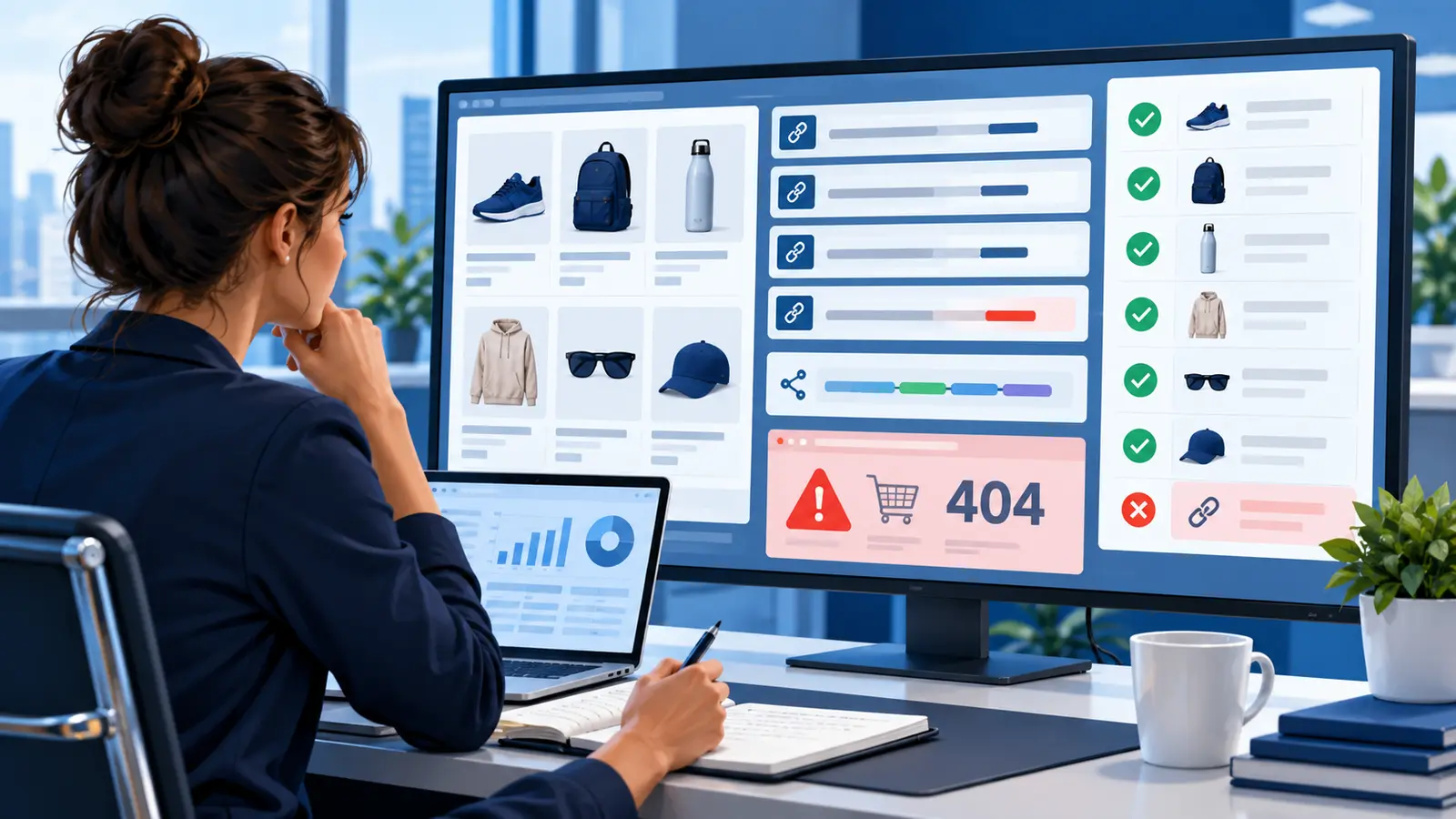Audit abstrait d’un flux Shopping avec URL finales, paramètres de suivi et pages produit contrôlées