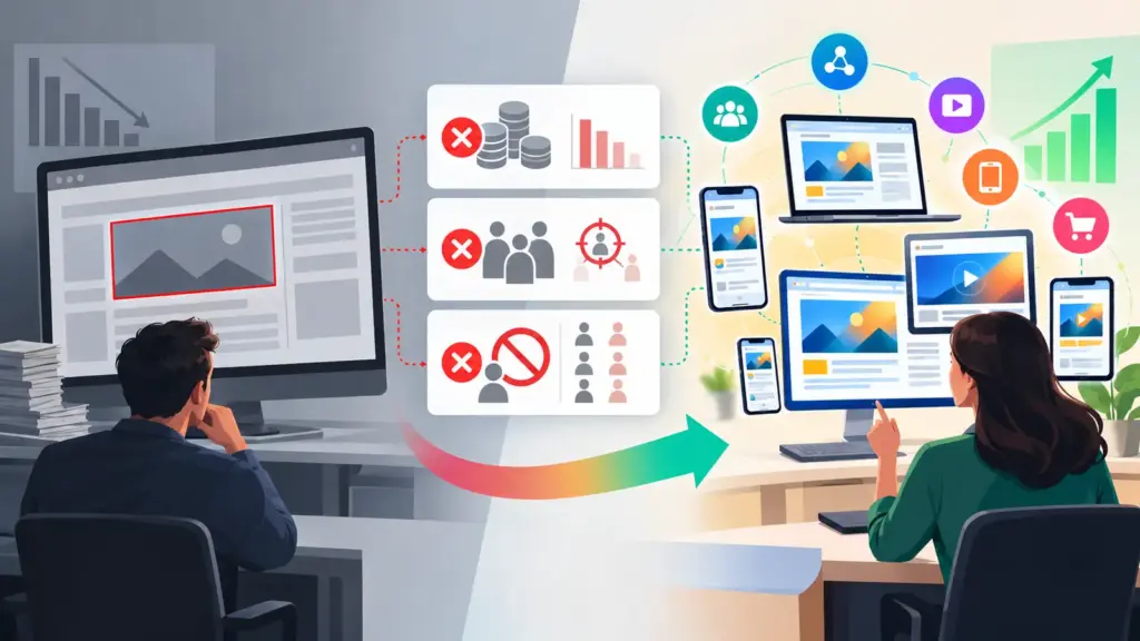 Checklist publicitaire abstraite comparant campagne Display et Demand Gen avant migration