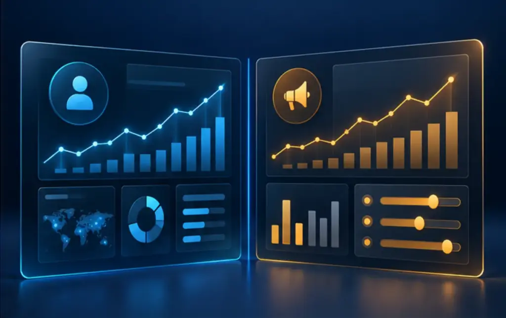 Tableau analytique abstrait séparant conversions d’application, attribution de rapport et optimisation Google Ads