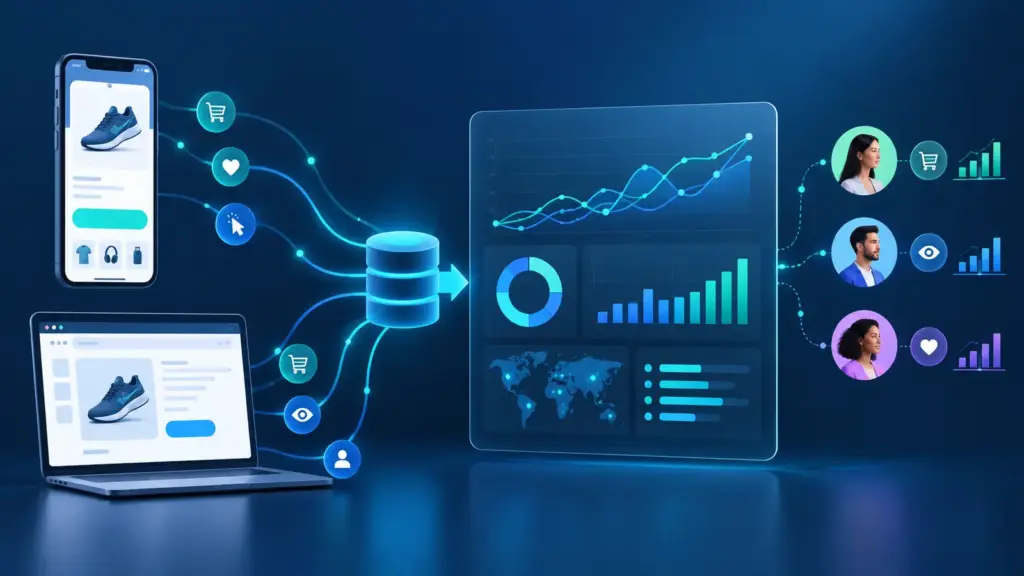 Schéma analytique abstrait reliant application mobile, web et canaux publicitaires à un bilan commun