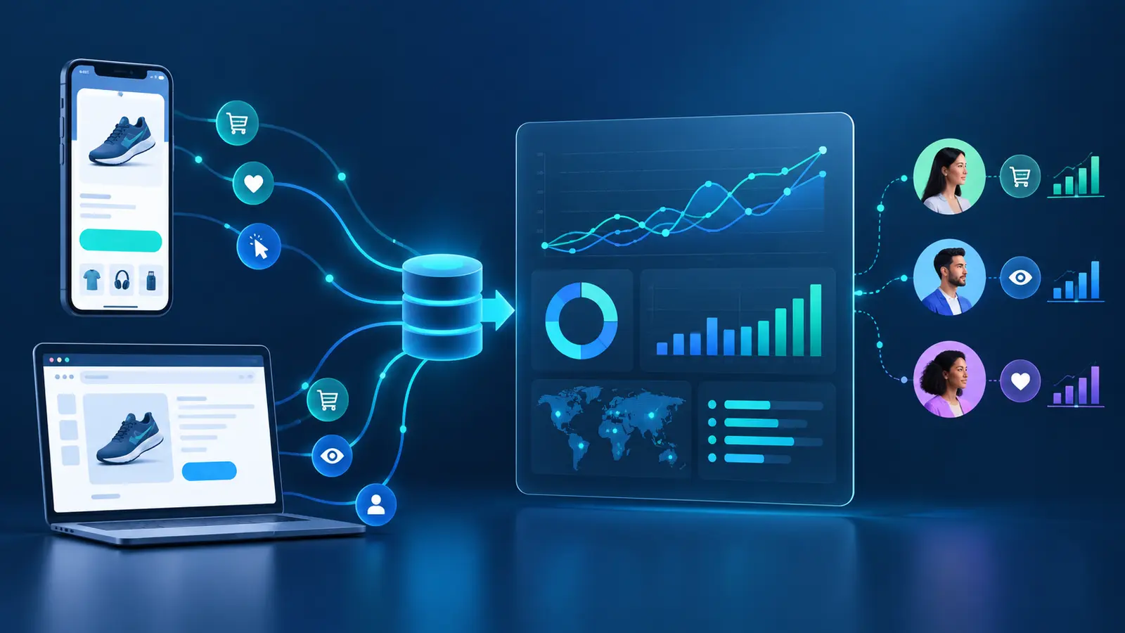 Schéma analytique abstrait reliant application mobile, web et canaux publicitaires à un bilan commun