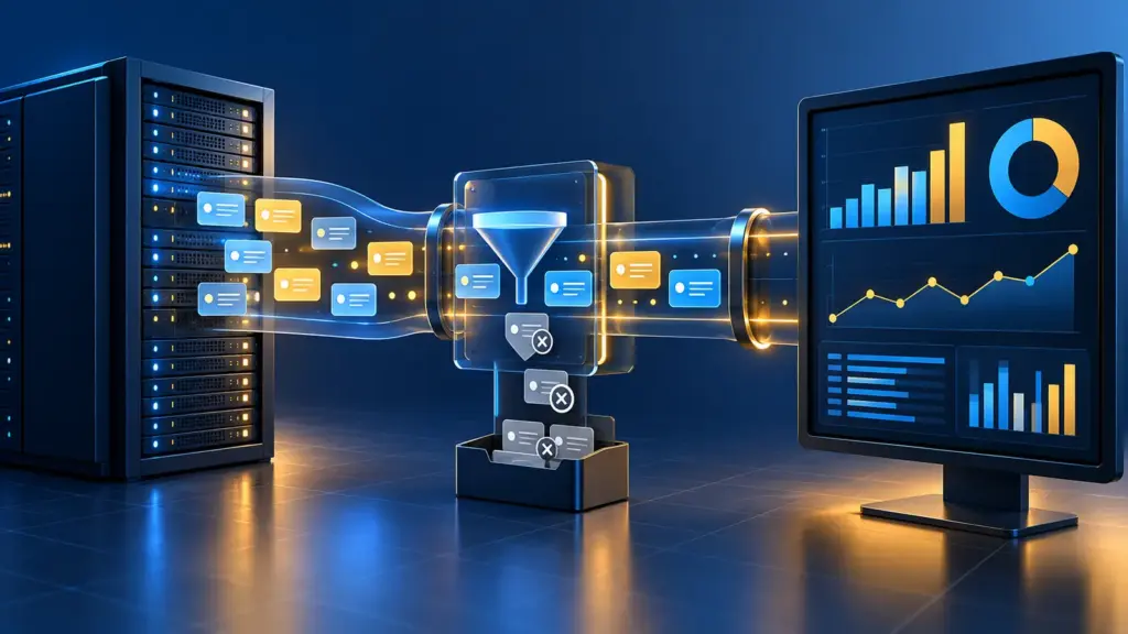 Schéma analytique abstrait reliant serveur, Data Manager API et GA4 avec identifiants de transaction contrôlés
