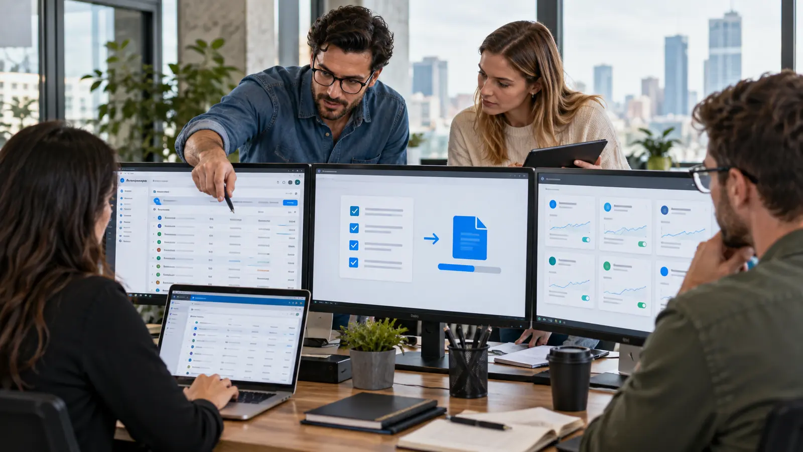 Équipe marketing préparant la migration de Google Ads Editor avec export et liste de contrôle des comptes