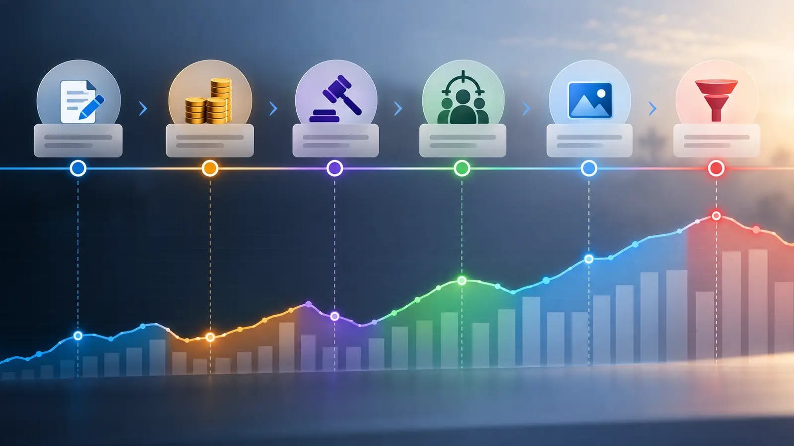 Chronologie publicitaire abstraite reliant modifications de campagne et variations de performance