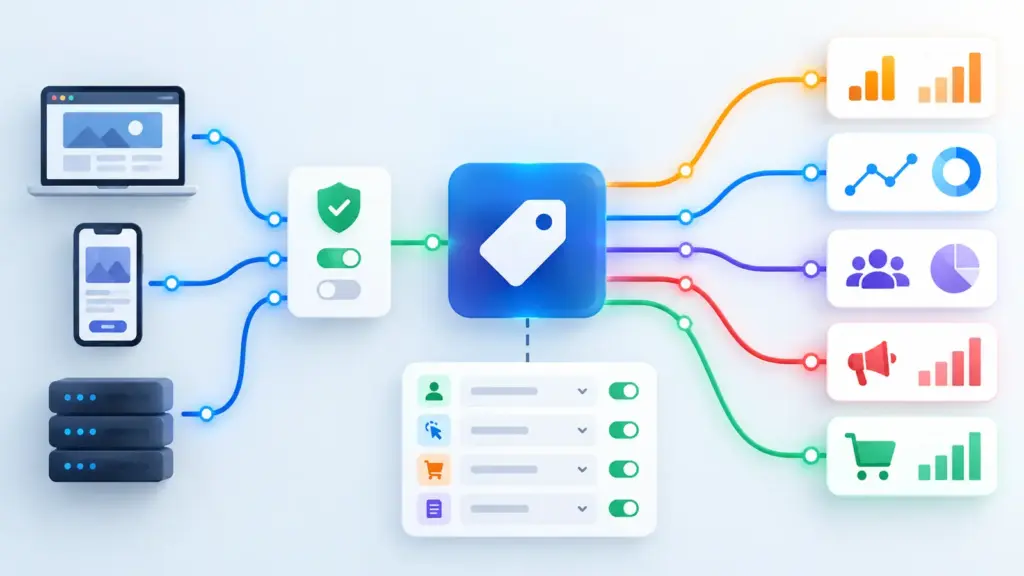 Carte abstraite reliant un conteneur de balises à plusieurs destinations analytiques et publicitaires