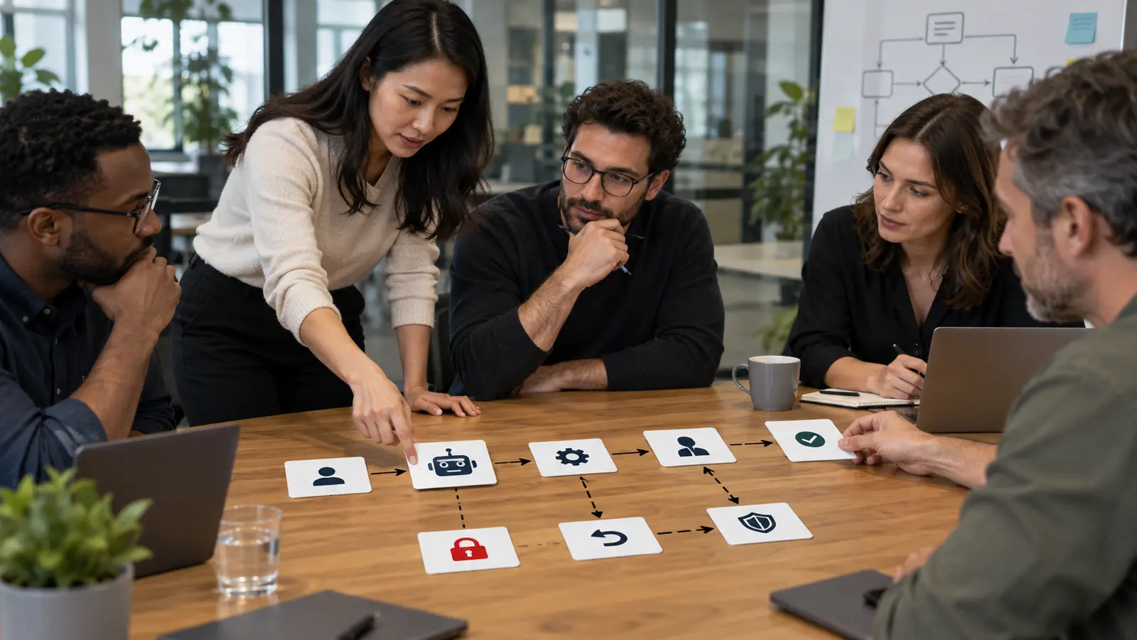 Équipe d’entreprise cadrant les autorisations et points d’approbation d’un agent IA dans un flux réversible