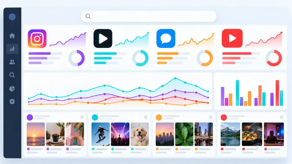 Tableau Search Console abstrait comparant les requêtes et publications de quatre plateformes sociales