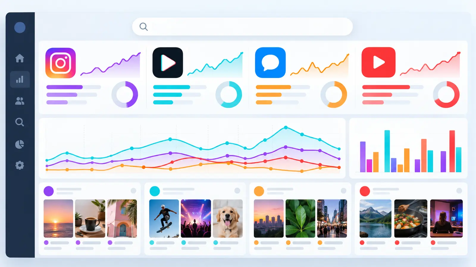 Tableau Search Console abstrait comparant les requêtes et publications de quatre plateformes sociales