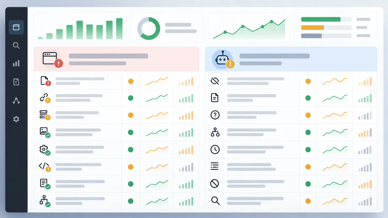 Tableau SEO abstrait séparant problèmes causés par le site et problèmes attribués à Google