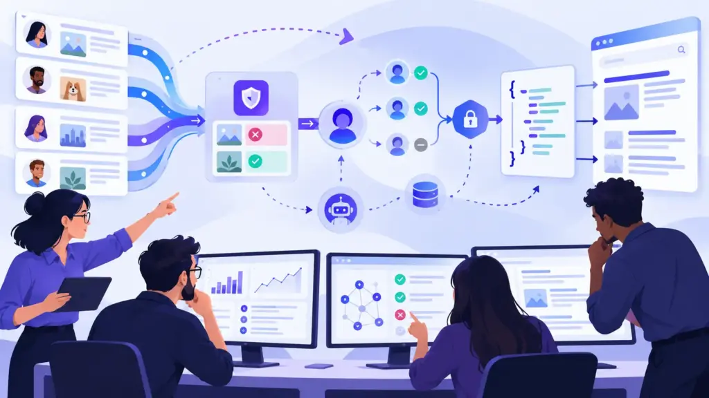 Équipe SEO auditant un flux de contenu utilisateur, des profils publics et des données structurées JSON-LD