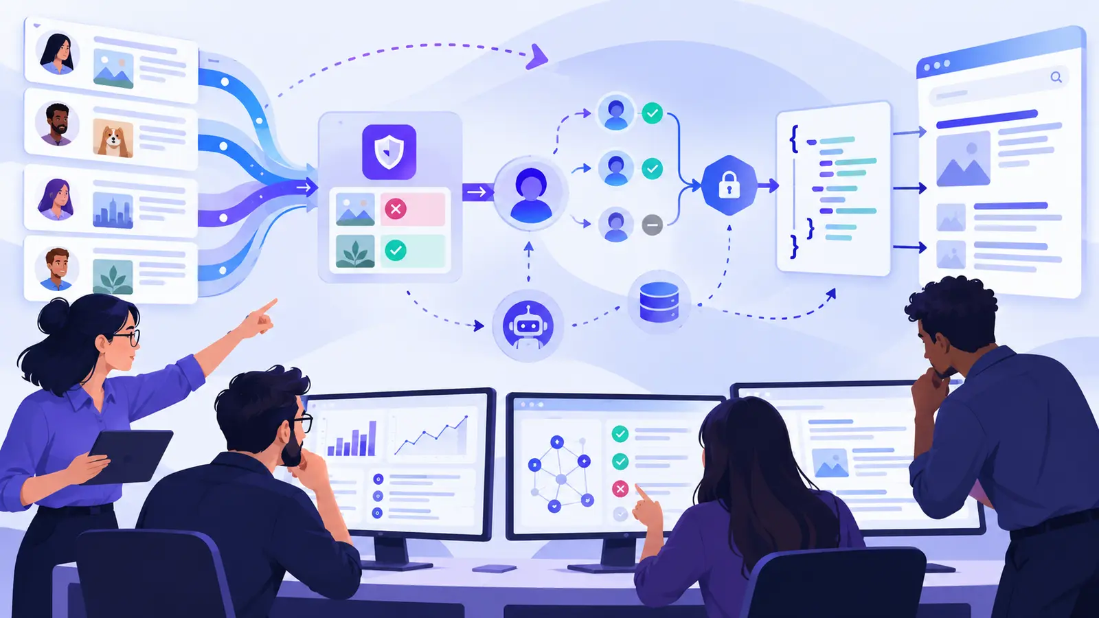 Équipe SEO auditant un flux de contenu utilisateur, des profils publics et des données structurées JSON-LD